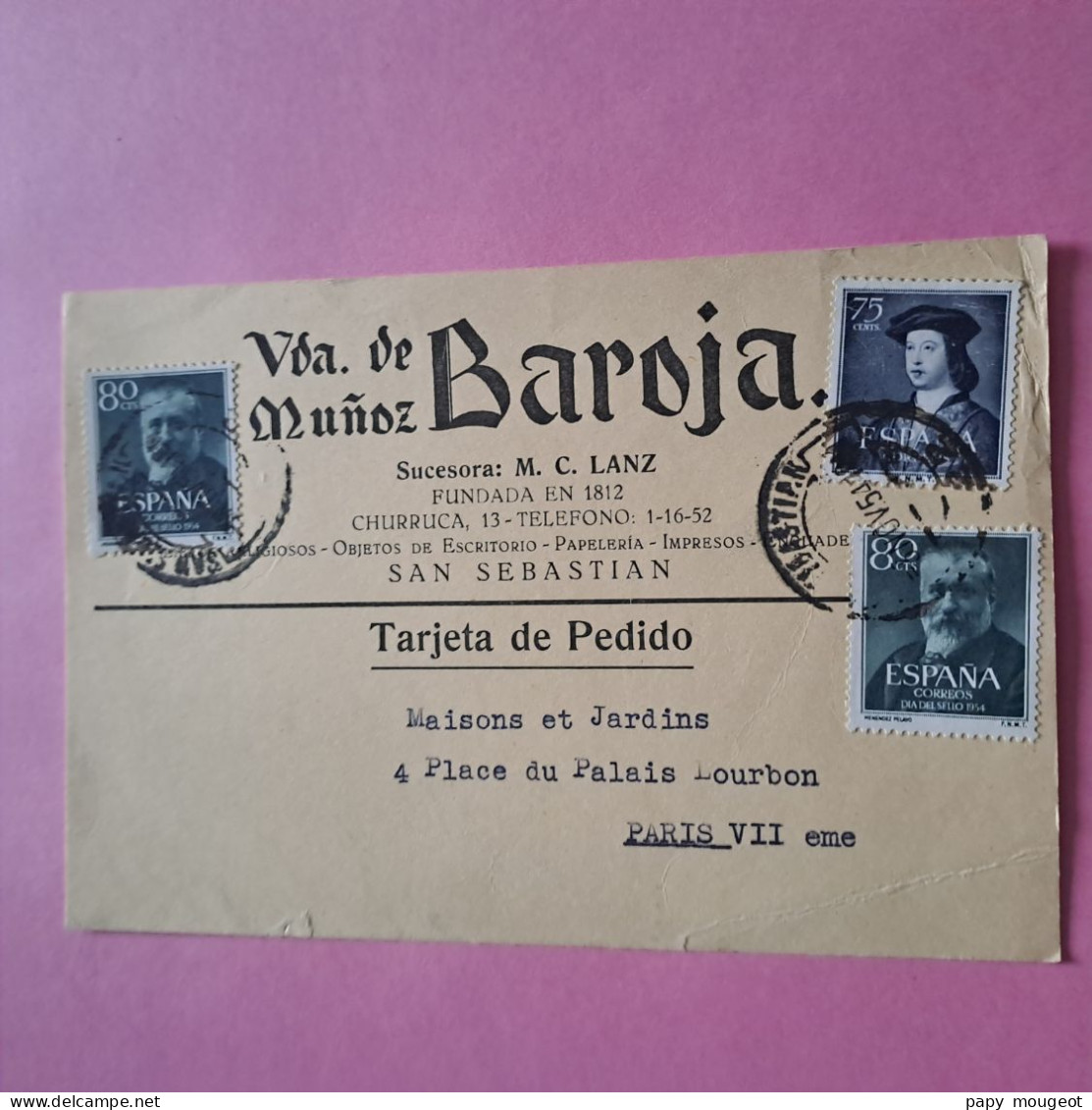 Carte Postale Vda De Munoz Baroja De San Sebastian Pour Paris - Novembre 1954 - Briefe U. Dokumente