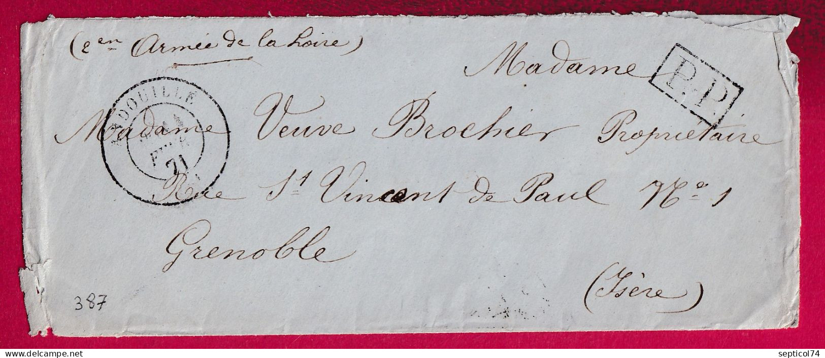 GUERRE 1870 CAD ANDOUILLE MAYENNE PP ARMEE DE LA LOIRE POUR GRENOBLE ISERE 11 FEV 1871 LETTRE - Krieg 1870