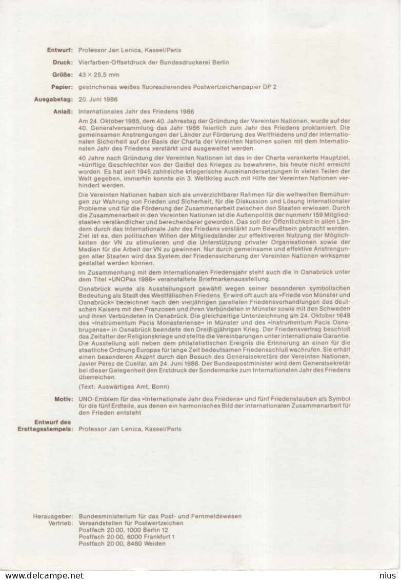 Germany Deutschland 1986-14 Internationales Jahr Des Friedens, Canceled In Bonn - 1981-1990