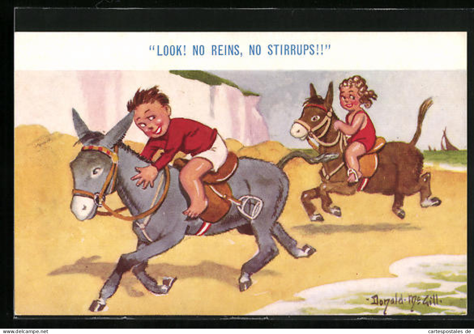 Künstler-AK Donald McGill: Look! No Reins, No Stirrups!!, Kleines Paar Beim Eselsritt  - Mc Gill, Donald