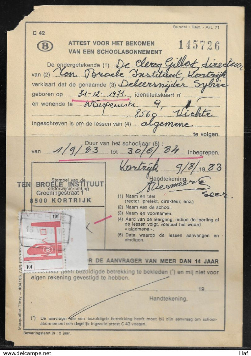 Belgium Parcel Stamp Sc. Q460 On Document C42 “Certificate For Obtaining A School Subscription” In Vichte 16.08.83 - Documents & Fragments