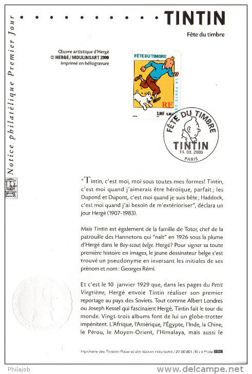 " TINTIN " Sur Notice Officielle 1er Jour De 2000. N° YT 3303. Parfait état. A Saisir !!! - Fumetti