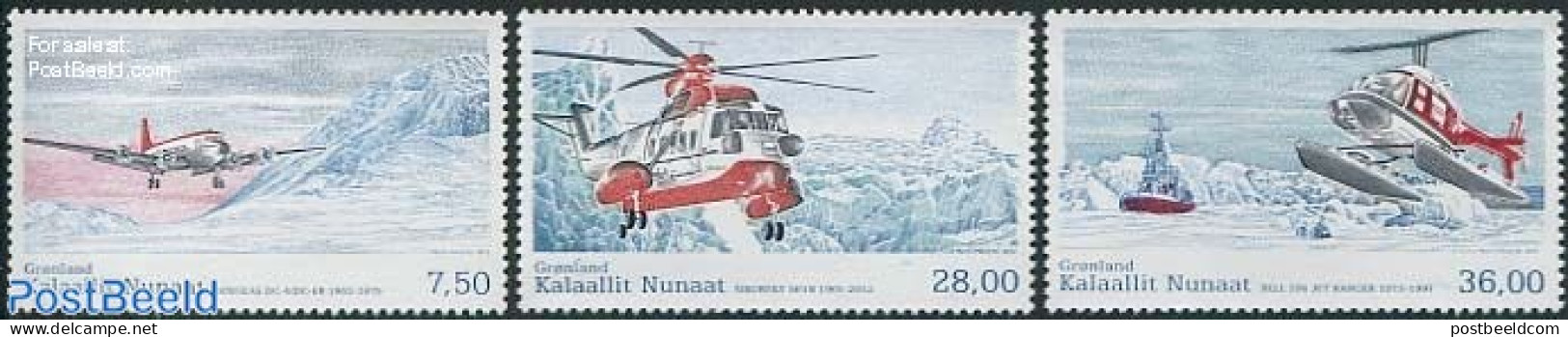 Greenland 2012 Air Traffic 3v, Mint NH, Transport - Helicopters - Aircraft & Aviation - Ships And Boats - Ongebruikt
