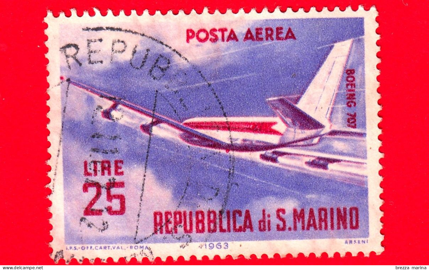 SAN MARINO - Usato - 1963 - Aerei Moderni - Tipo POSTA AEREA - Boeing 707 - 25 - Poste Aérienne