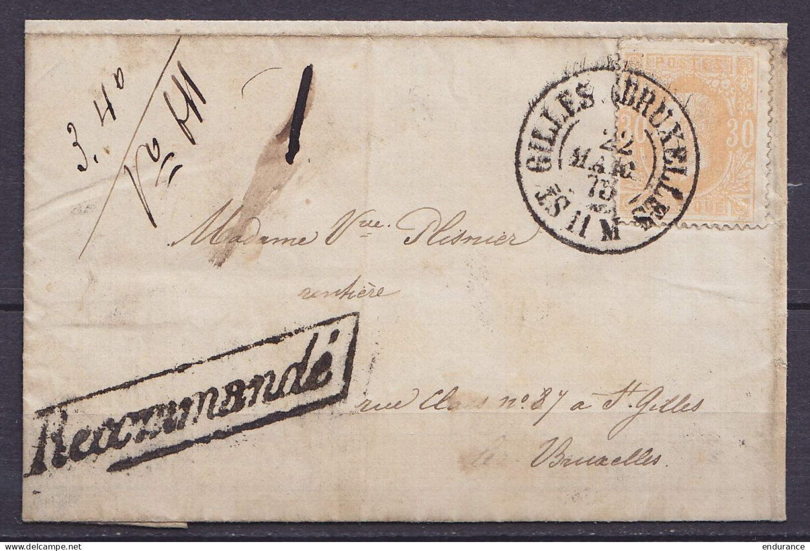 LSC (sans Contenu) Recommandée Affr. N°33 Càd ST-GILLES (BRUXELLES) /22 MARS 1875 Pour E/V - Griffe [Recommandé] (au Dos - 1869-1883 Leopold II.