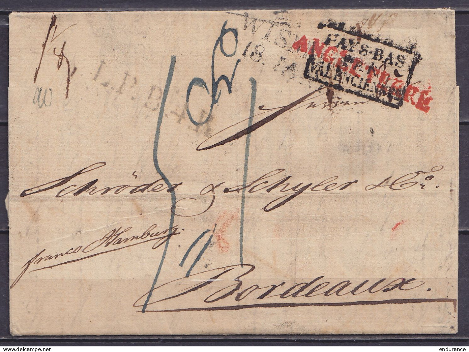 L. Cachet Date WISMAR /18 JAN 1827 Pour BORDEAUX - Griffe "L.P.B.4.R." & "ANGLETERRE" (erreur !) - Marque [PAYS-BAS /PAR - Prefilatelia