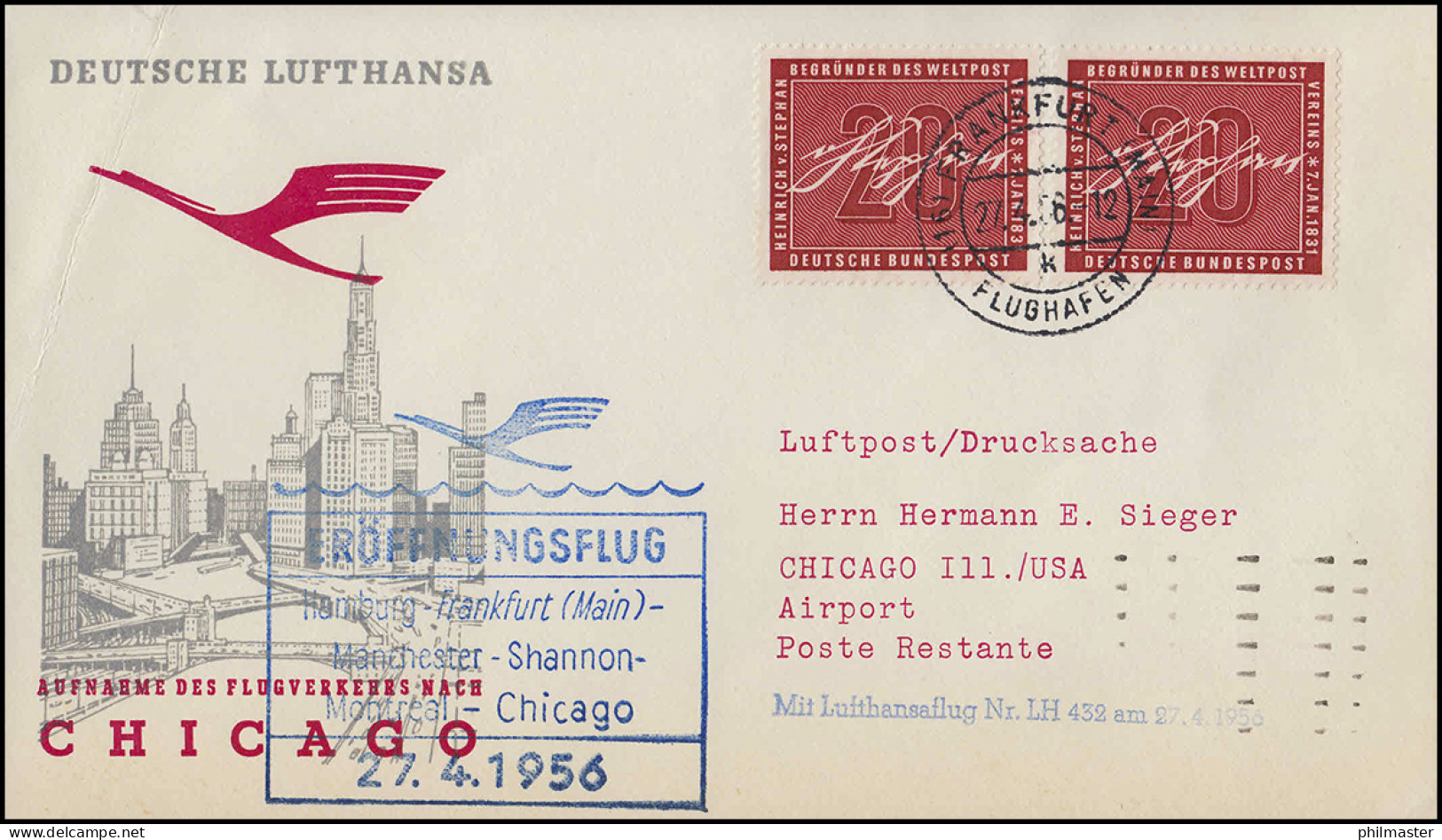 Eröffnungsflug Lufthansa LH 432 Chicago, Frankfurt 27.4.1956 / Chicago 28.4.56 - Eerste Vluchten