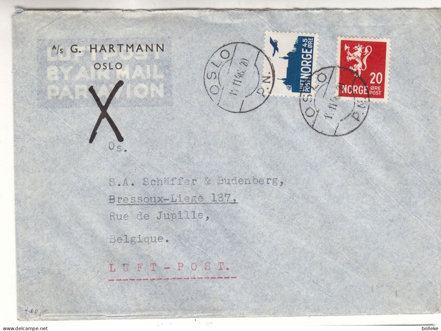 Norvège - Lettre De 1946  - Oblit Oslo - Exp Vers Bressoux Liège - Valeur 20 Euros - - Storia Postale