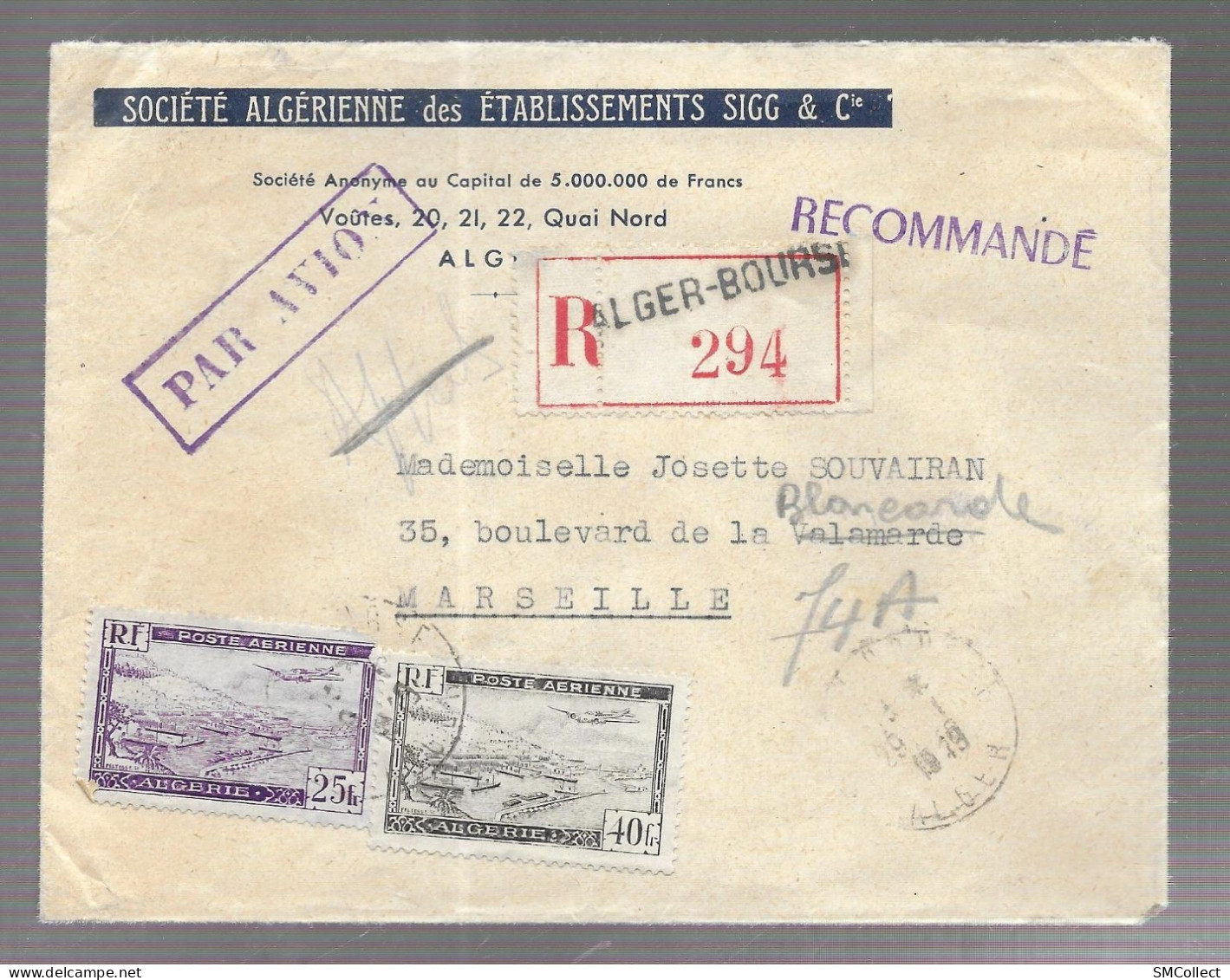 Algérie. 2 Lettres Recommandées, Société Algérienne Des établissements Sigg & Cie. Poste Aérienne Alger Vers Marseille - Covers & Documents