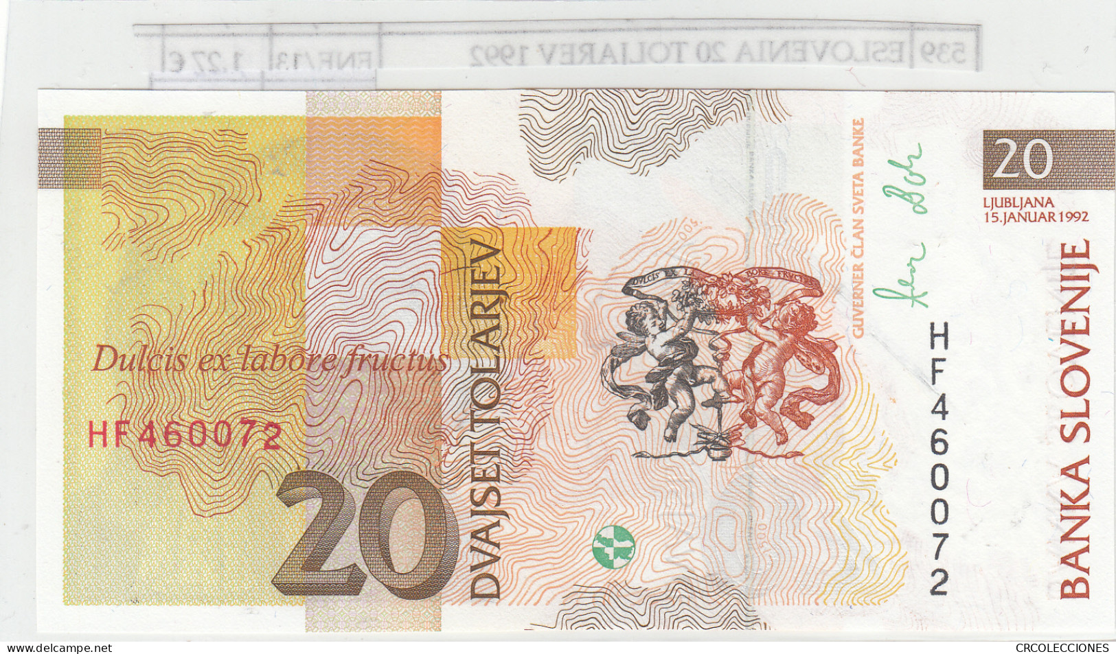 BILLETE ESLOVENIA 20 TOLJAREV 1992 P-12a - Sonstige – Europa