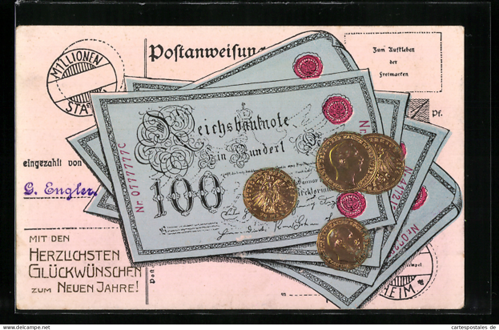 AK Neujahrsgrüsse Mit Reichsbanknote 100 Mark Und Münzen  - Coins (pictures)