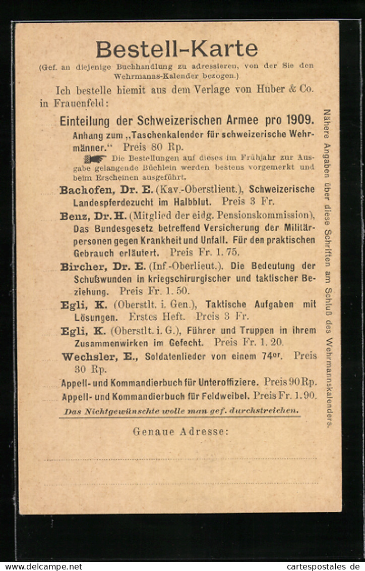 AK Bestell-Karte, Einteilung Der Schweizerischen Armee Pro 1909, Bachofen, Bibliothek  - Bibliotheken