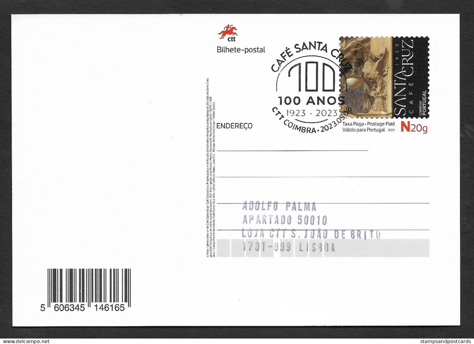 Portugal Entier Postal 2023 Café Historique Santa Cruz Cachet Coimbra Stationery Historical Coffee Shop Pmk - Entiers Postaux