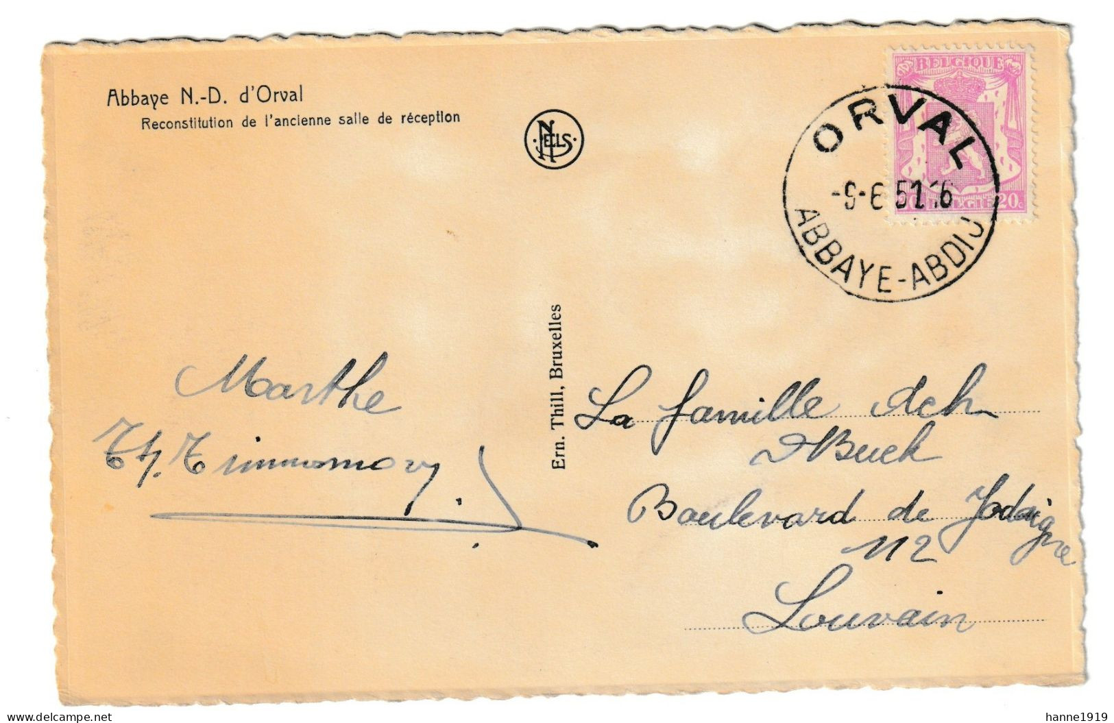 Orval Abbaye Notre Dame Ancienne Salle De Reception Cachet 1951 Orval Luxembourg Htje - Florenville