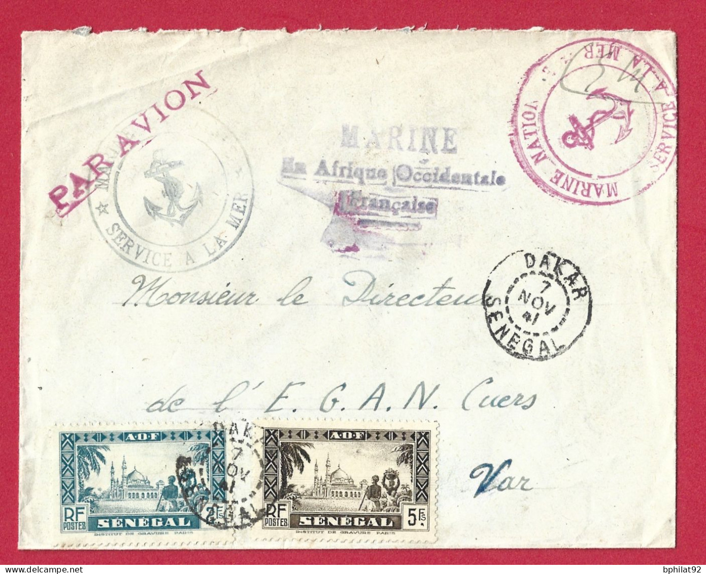 !!! SÉNÉGAL, LETTRE FM PAR AVION DE LA BASE AÉRONAVALE DE DAKAR POUR LA FRANCE DE 1941 AVEC CACHET DE LA MARINE EN AOF - Covers & Documents