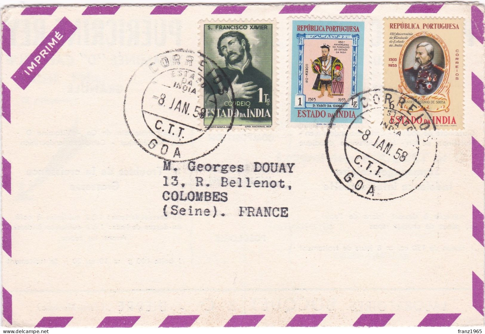 From Goa To France - 1958 - Inde Portugaise
