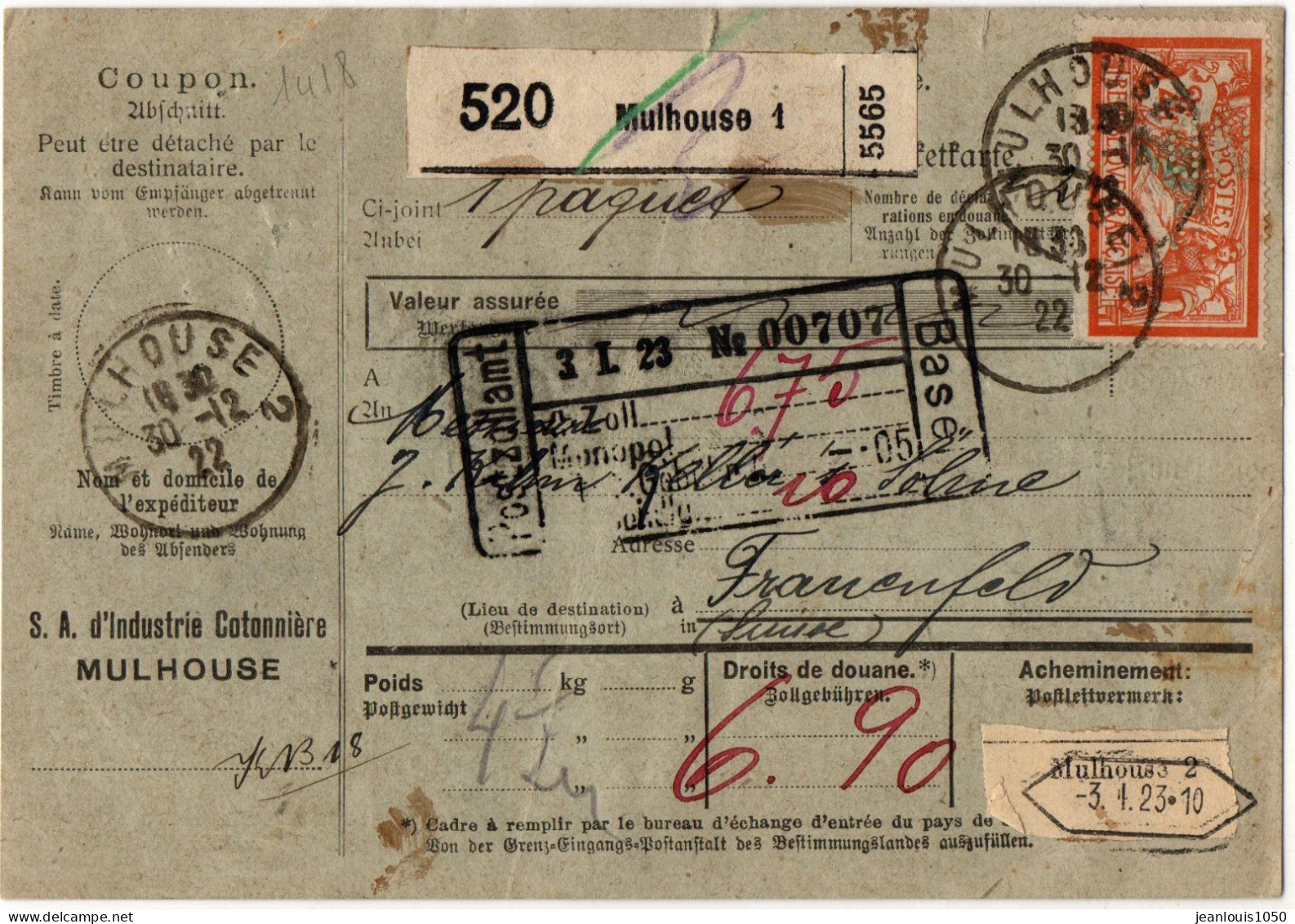FRANCE  BULLETIN D'EXPEDITION  AFFRANCHISSEMENT COMBINE PERFORE DM(DOLFUSS MIEG)OBLITERE MULHOUSE 1922 - Cartas & Documentos