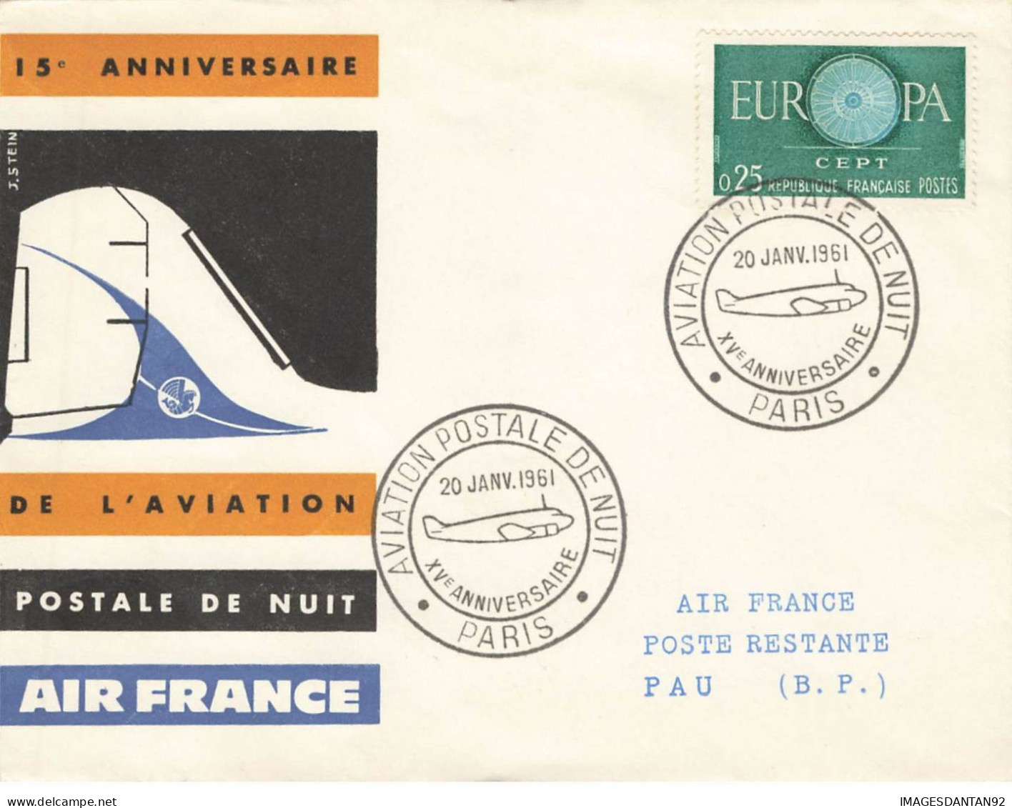 FRANCE #36364 15 EME ANNIVERSAIRE AVIATION POSTALE DE NUIT 1961 PARIS PAU - Briefe U. Dokumente