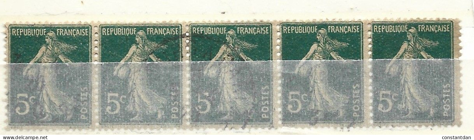 FRANCE N° 137 5C VERT TYPE SEMEUSE CAMEE TYPE IA + GC BANDE DE 5 OBL - Oblitérés