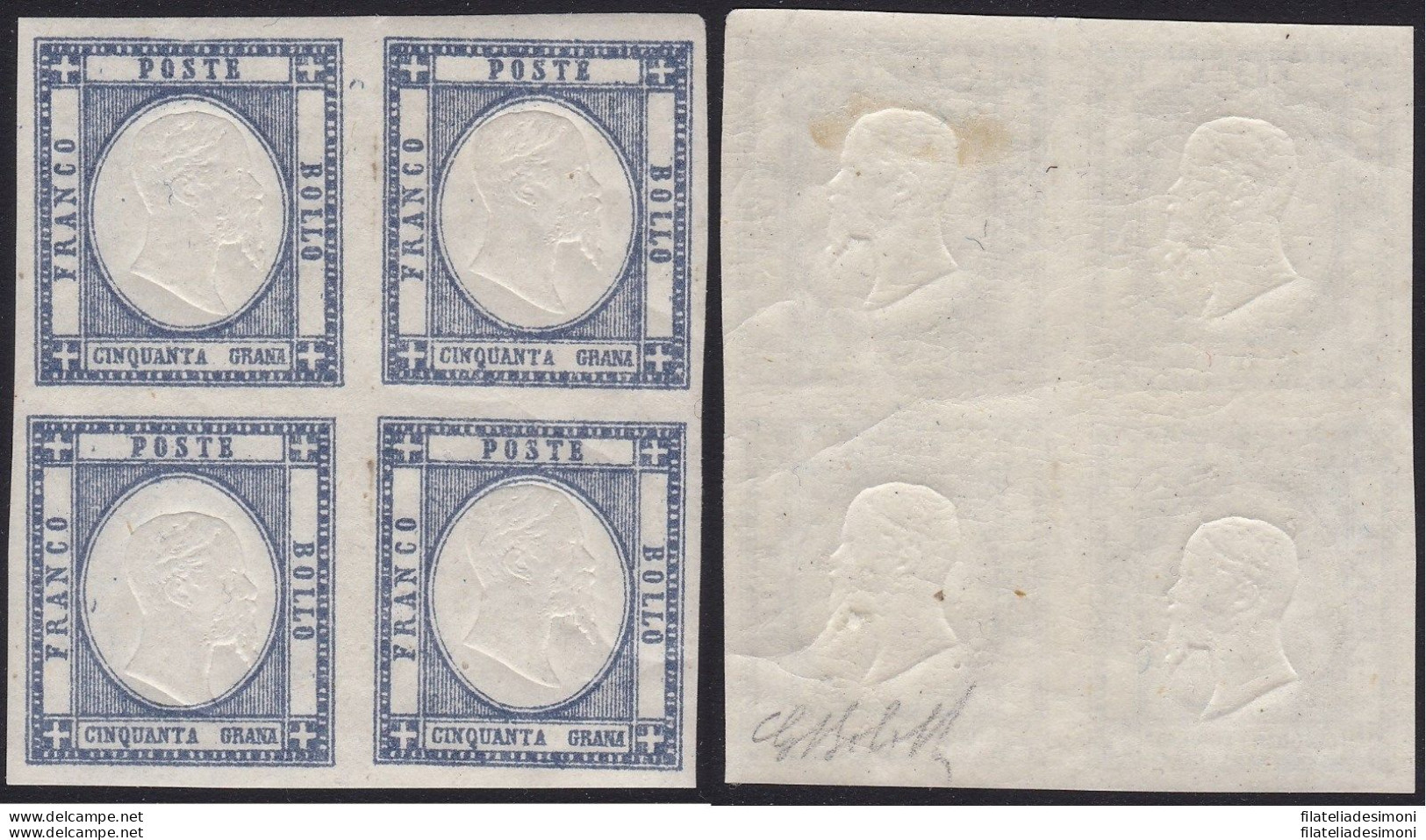 1861 PROVINCE NAPOLETANE, N° 24d 50 Grana Ardesia Oltremare 3MNH/1MLH QUARTINA - Napels