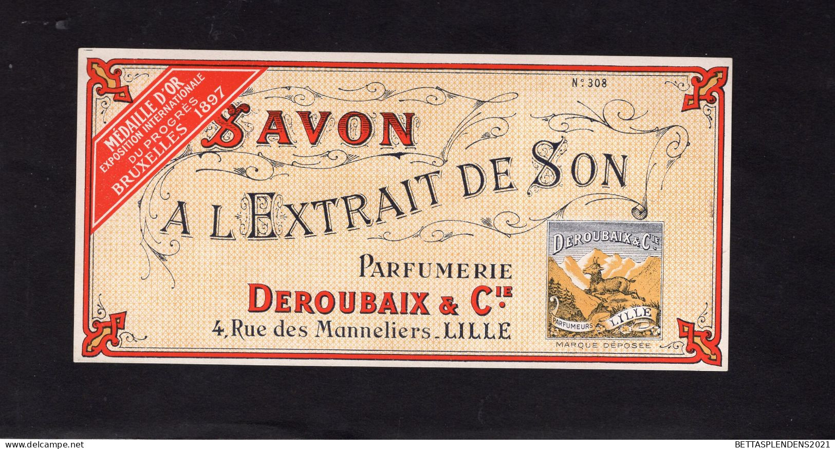 Etiquette - Savon à L'Extrait De SON - Parfumerie DEROUBAIX & Cie à LILLE - Labels