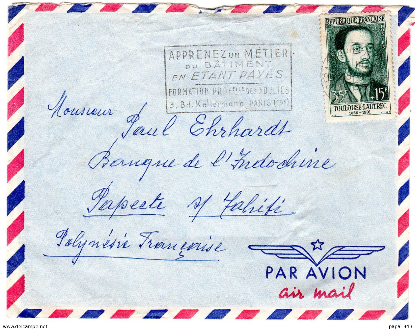1954  Lettre Timbre TOULOUSE - LAUTREC 35f + 15f  Envoyée à PAPEETE TAHITI - Covers & Documents