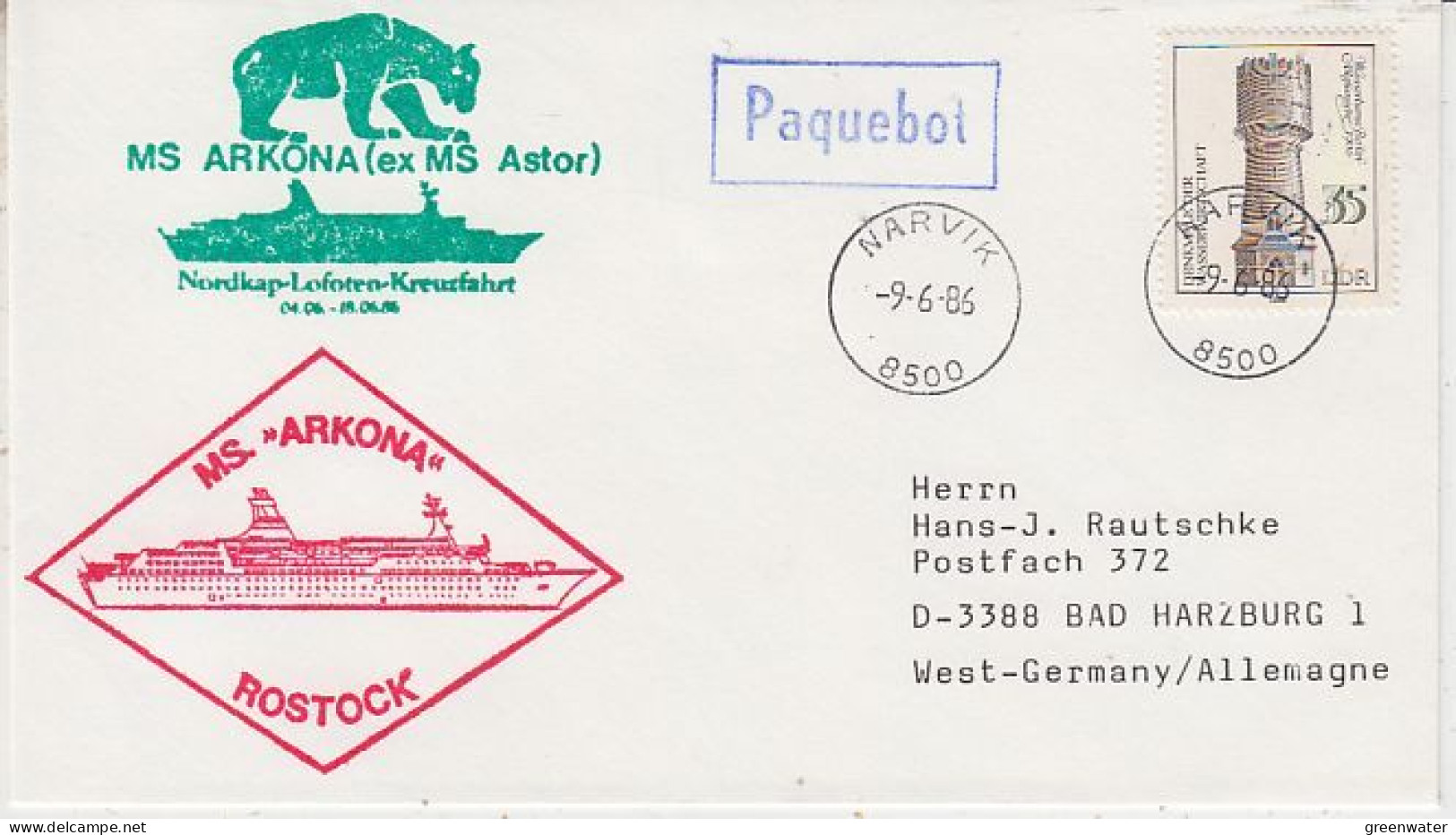 DDR MS Arkona "Nordkap-Lofoten-Kreuzfahrt  Ca Narvik 9.6.1986 (GS221) - Poolshepen & Ijsbrekers