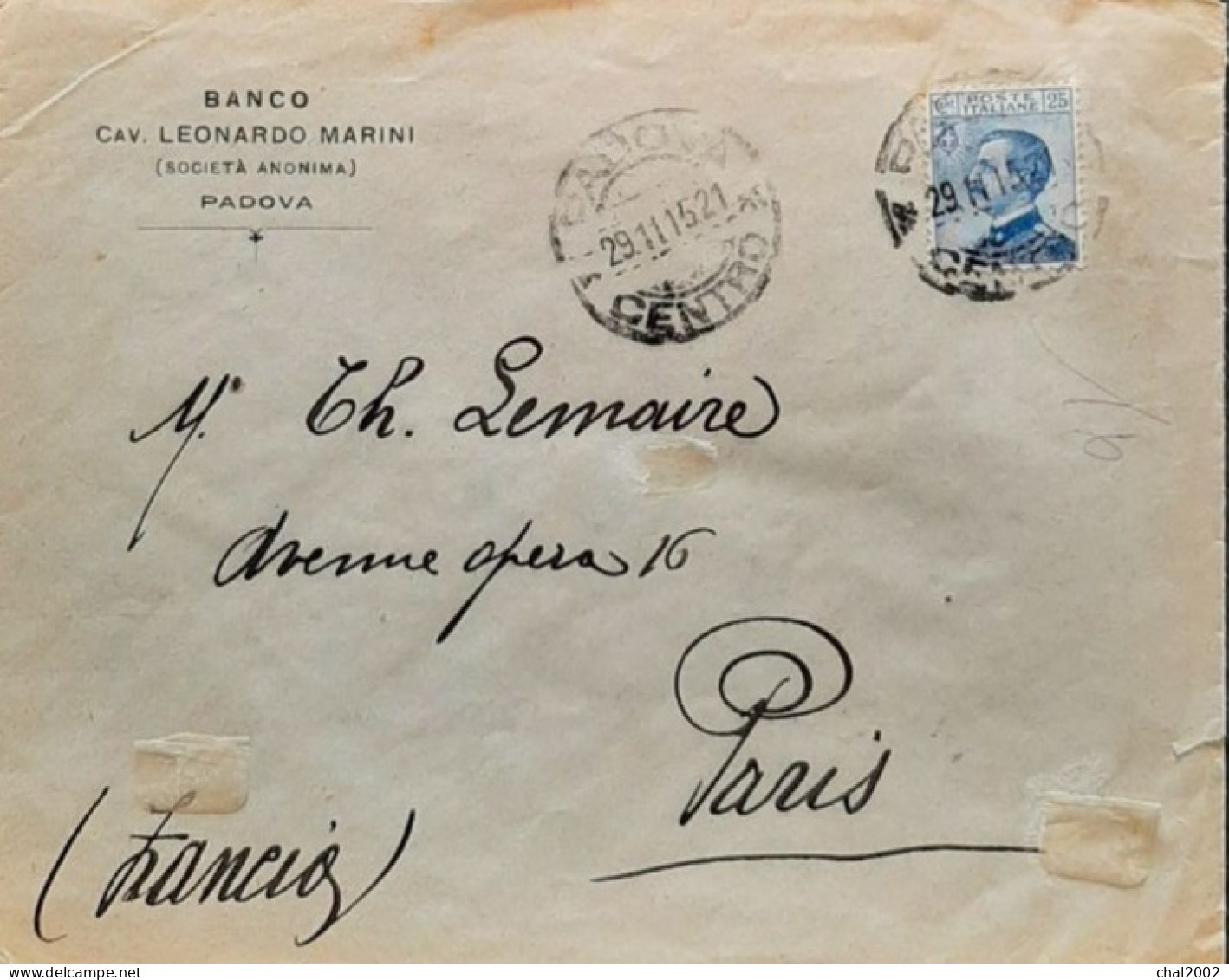 Enveloppe Du 29 Novembre 1915 Pour Paris - Brieven En Documenten