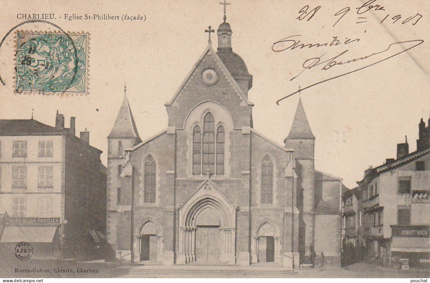 ZY 59-(42) CHARLIEU - EGLISE ST PHILIBERT ( FACADE ) - COMMERCE : GRAND BAZAR PARISIEN  - 2 SCANS - Charlieu