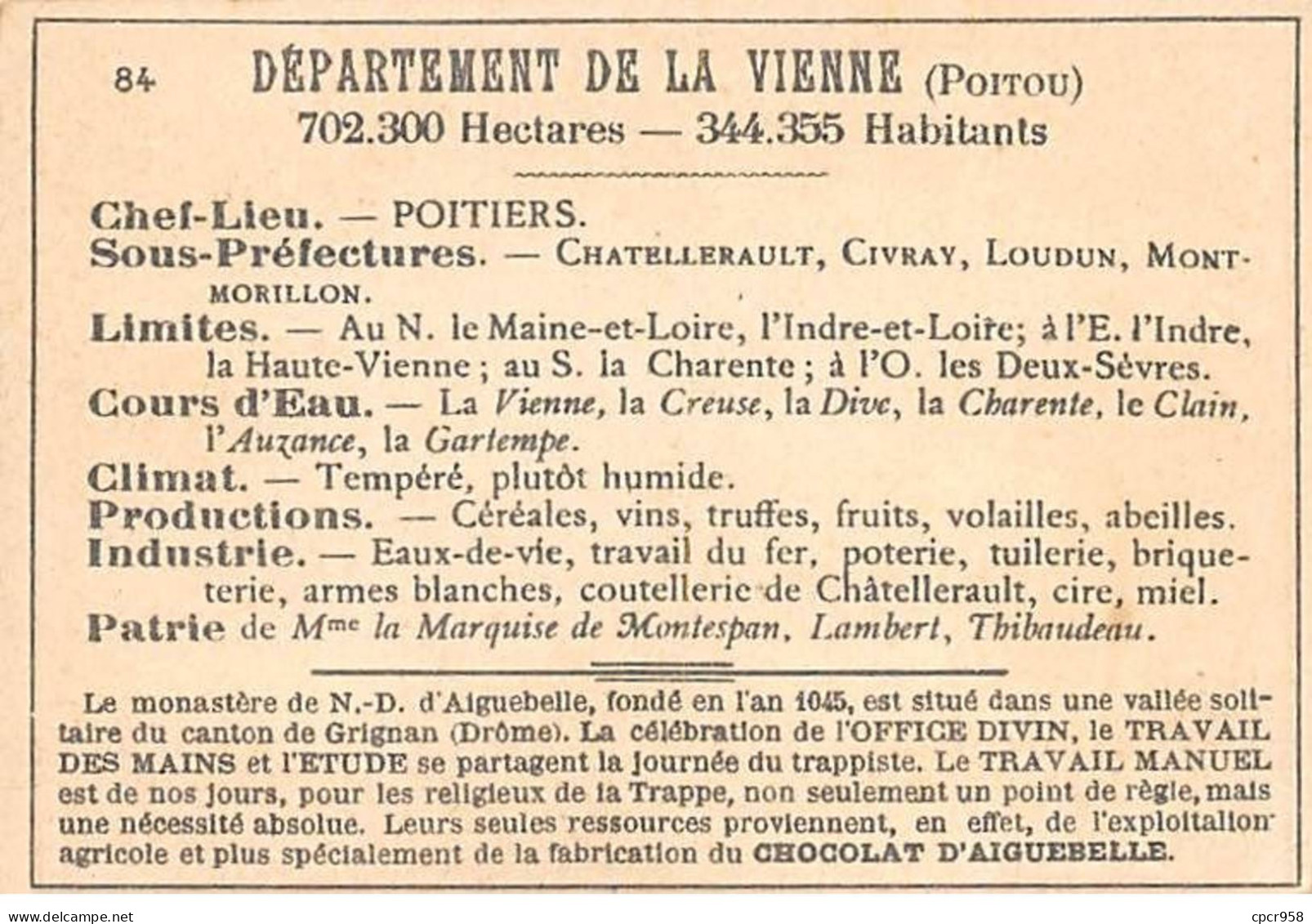 Chromos.AM14535.6x9 Cm Environ.Chocolat Aiguebelle.N°84.Carte Vienne.Poitiers.Montmorillon.Chatellerault - Aiguebelle