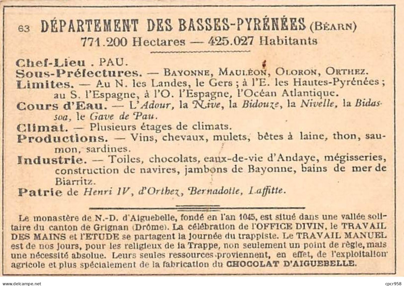 Chromos.AM14571.6x9 Cm Environ.Chocolat Aiguebelle.N°63.Carte Basses-Pyrénées.Biarritz.St Jean De Luz.Pau - Aiguebelle