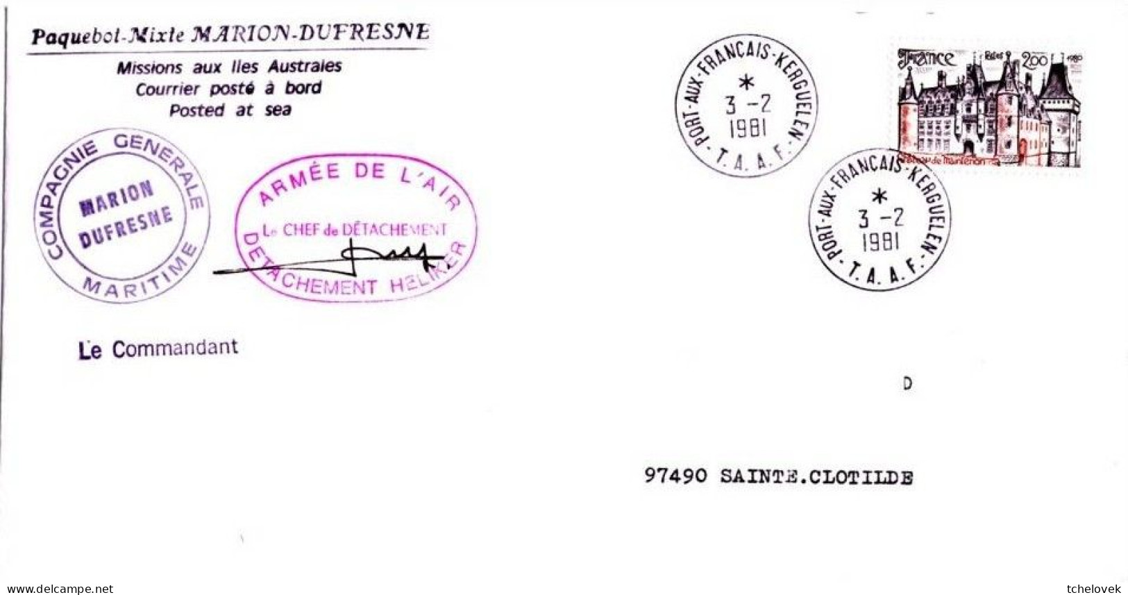 FSAT TAAF. Marion Dufresne 03.02.81 Kerguelen. Detachement Heliker Signature Helicoptere. Timbre France Chateau - Lettres & Documents