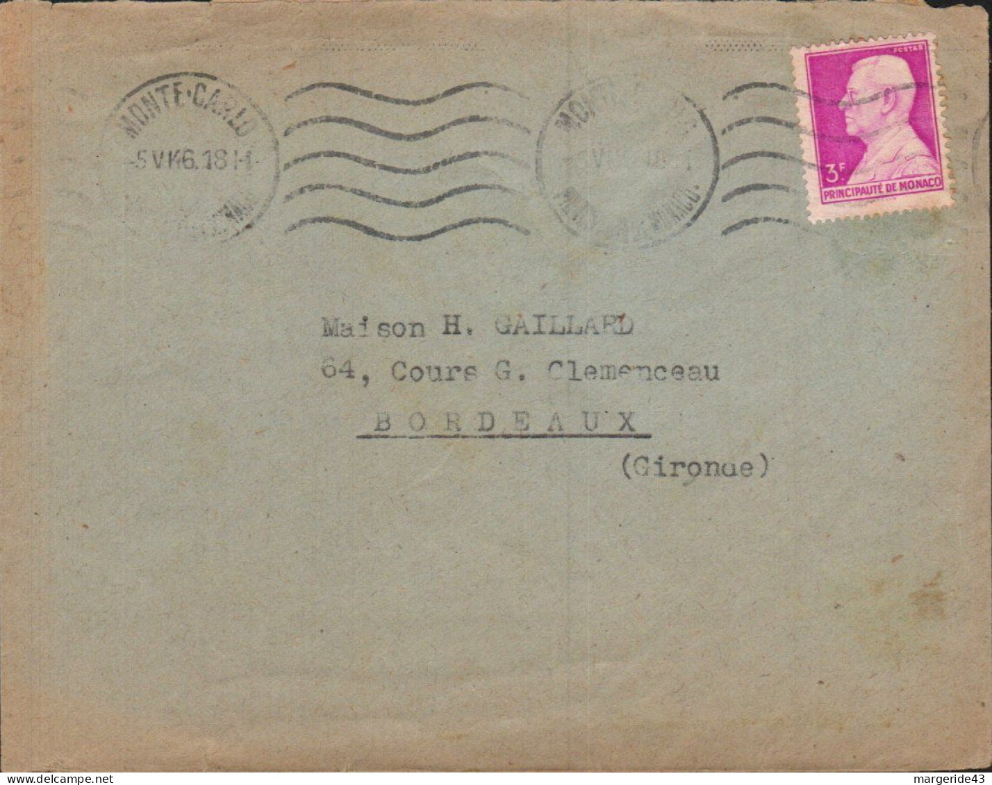 MONACO SEUL SUR LETTRE POUR LA FRANCE 1946 - Storia Postale