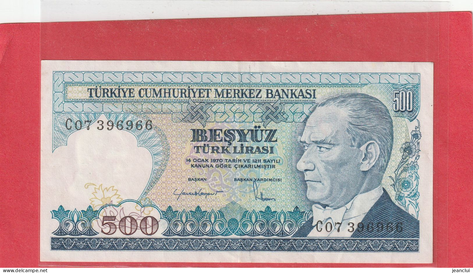 TURKIYE CUMHURIYET MERKEZ BANKASI . 500 LIRA . 14 OCAK 1970  . N°  C 07396966 .  2 SCANNES  .  BEL ETAT - Turquie