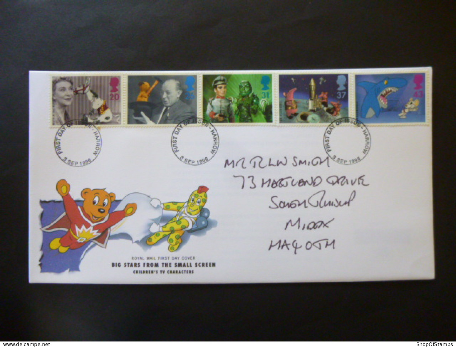 GREAT BRITAIN SG 1940-44 CHILDREN TV 50 ANNIVERSARY FDC HARROW - Unclassified