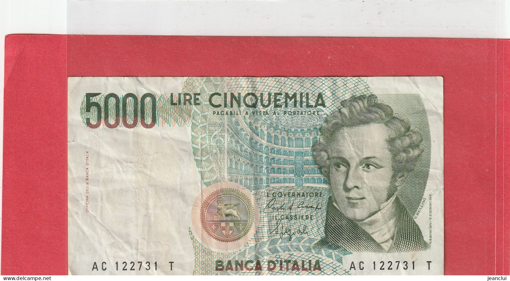 BANCA D'ITALIA . 5.000 LIRE . V. BELLINI   . N°  AC 122731 T .  2 SCANNES  .  BILLET USITE - 5.000 Lire