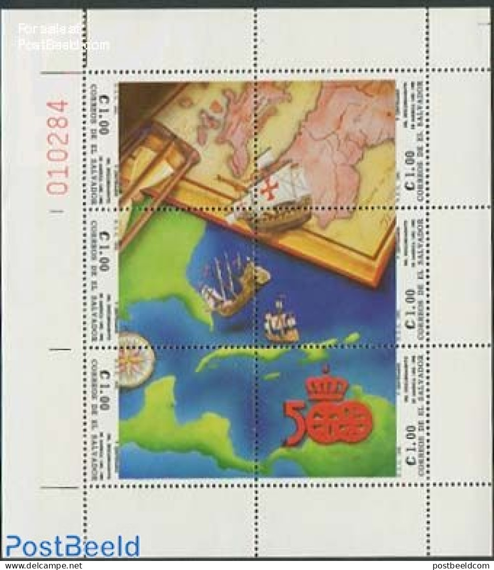 El Salvador 1991 Discovery Of America 6v M/s, Mint NH, History - Transport - Various - Explorers - Ships And Boats - M.. - Explorers