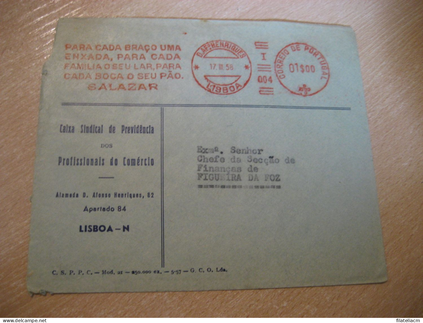 LISBOA 1958 To Figueira Da Foz Salazar Meter Mail Cancel Slight Damaged Cover PORTUGAL - Lettres & Documents