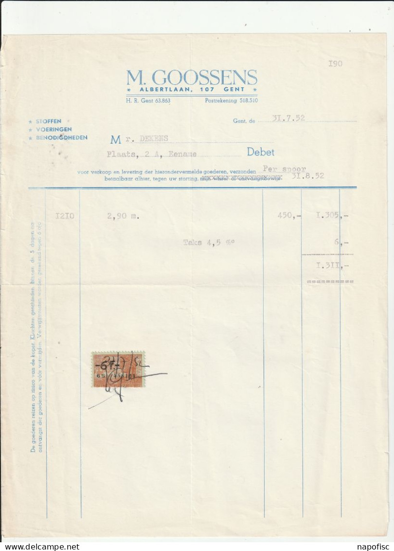 104-M.Goosens...Stoffen, Voeringen, Benodigheden...Gand-Gent.. .België-Belgique...1952 - Kleding & Textiel
