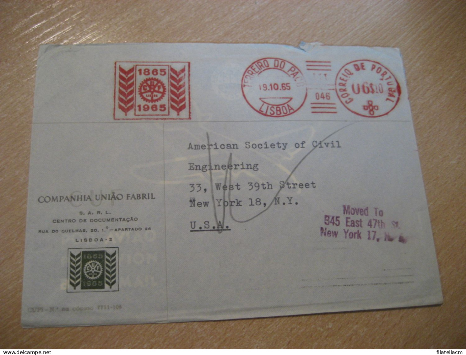 LISBOA 1965 To New York USA CUF Companhia Uniao Fabril Meter Mail Cancel Slight Faults Cover PORTUGAL - Brieven En Documenten