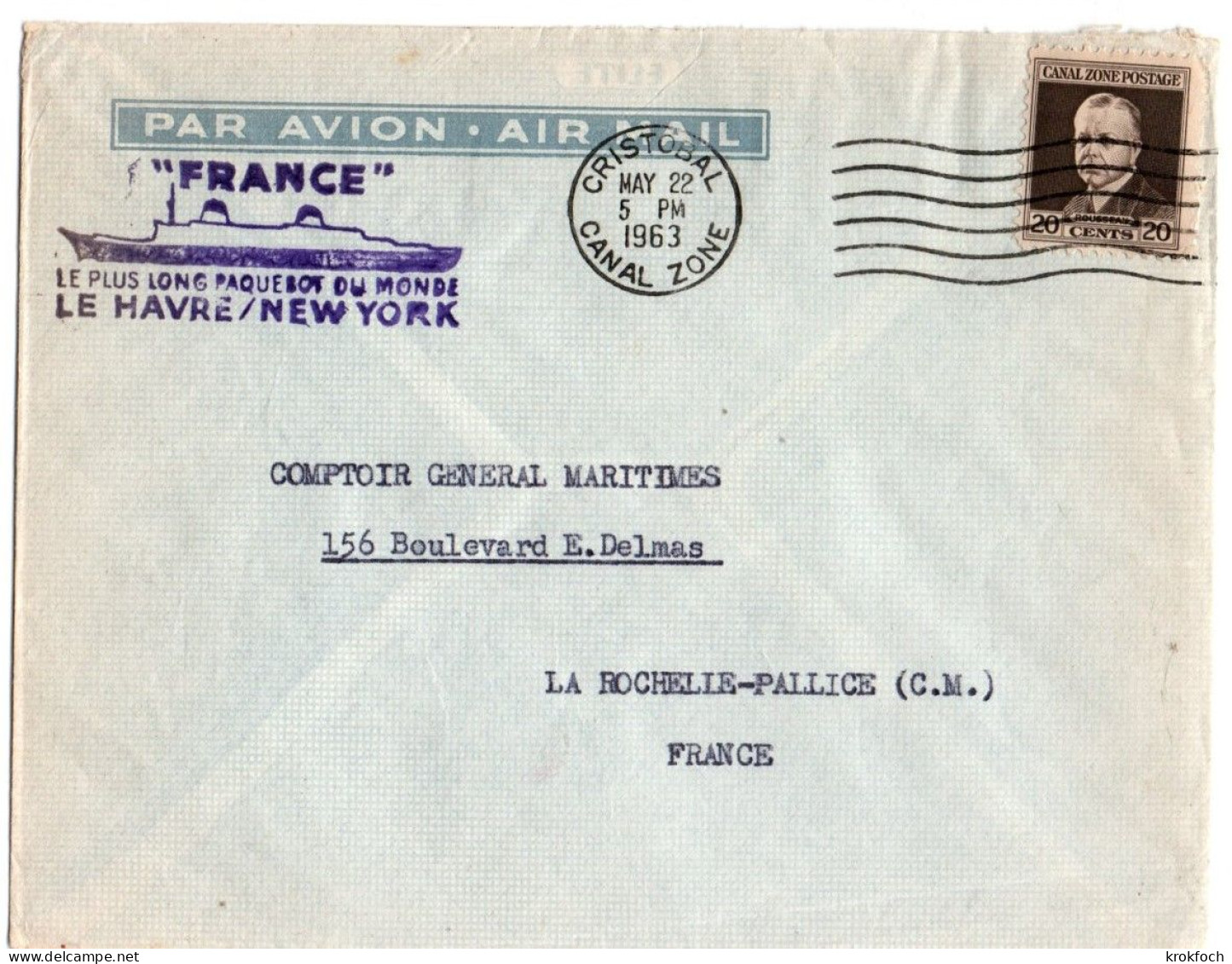 Paquebot France - Escale Panama 05.1963 - Cristobal Canal Zone - Correo Marítimo