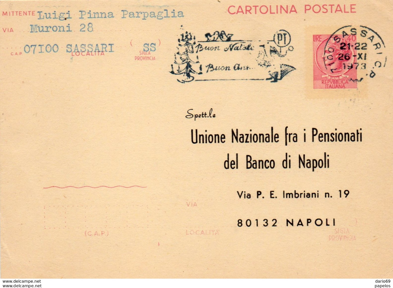 1973 CARTOLINA CON ANNULLO SASSARI + TARGHETTA - Stamped Stationery