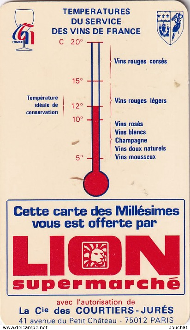 AA+ 127- CARTE DES MILLESIMES ET TEMPERATURES DU SERVICE DES VINS OFFERT PAR SUPERMARCHE LION - Andere & Zonder Classificatie