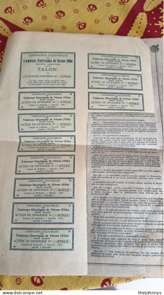 RARE - Introuvable Tramways électriques De Vérone Action De Dividende  Compagnie Italo-Belge - Andere & Zonder Classificatie