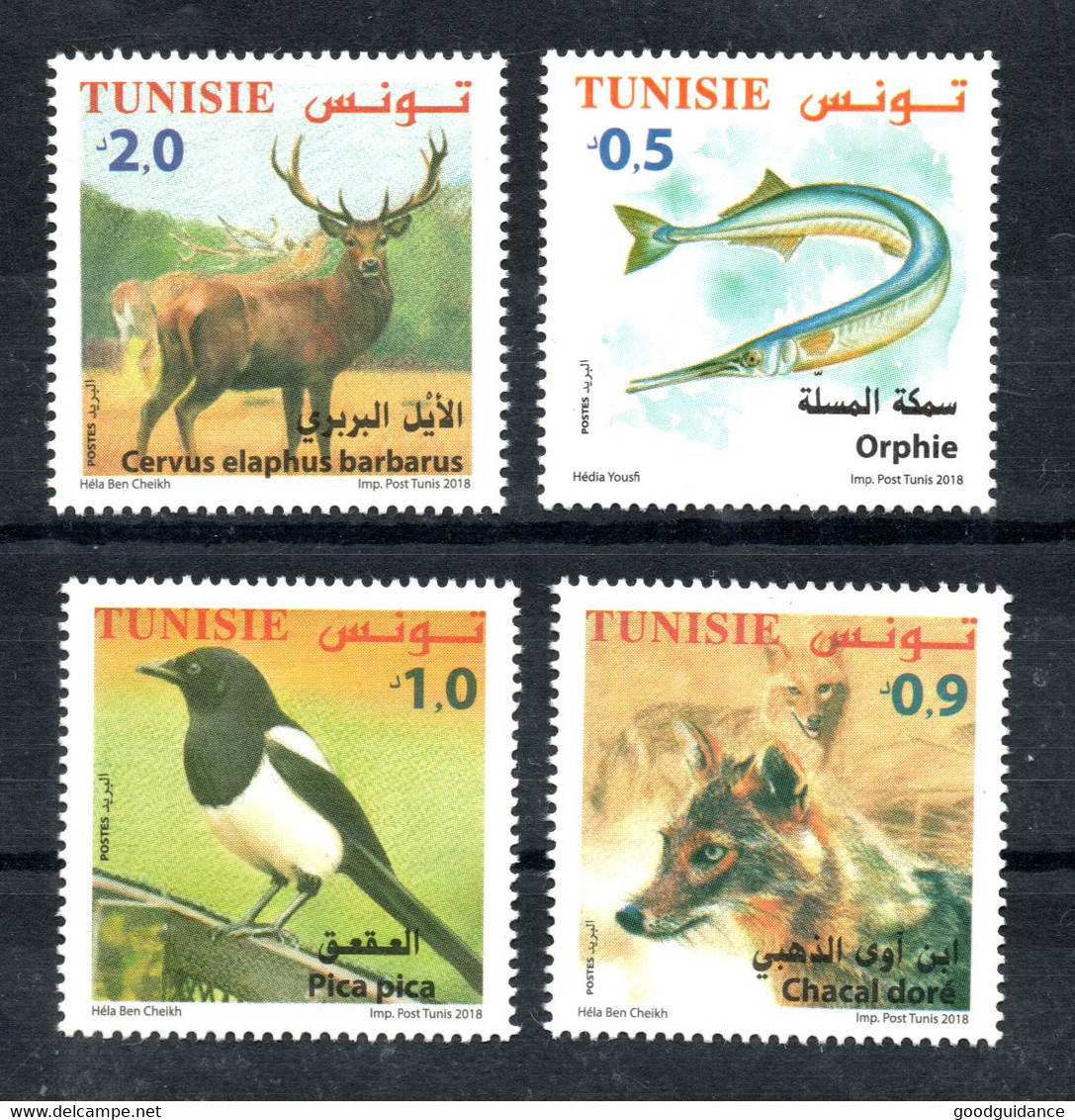 2018- Tunisia- Terrestrial And Maritime Fauna From Tunisia: The Garfish- The Golden Jackal- Magpie- Berber Deer-MNH** - Autres & Non Classés