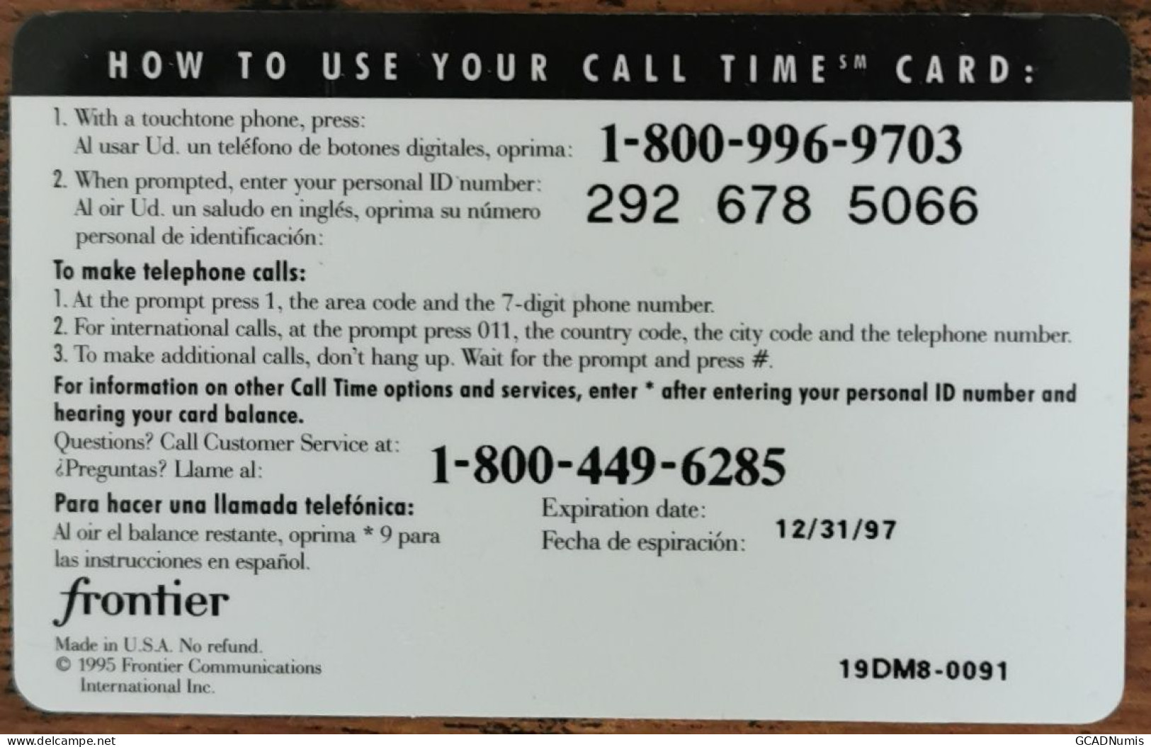 Carte De Recharge - Call Time 10$ Frontier Communications USA - Télécarte ~40 - Autres & Non Classés