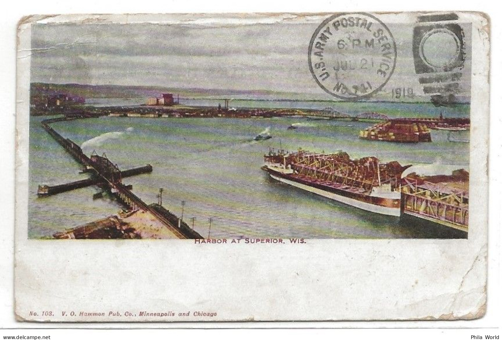 US 1919 3c PC ARMY POSTAL SERVICE 741 Flag Drapeau Cancel SUPERIOR WISCONSIN WIS Harbor CHICAGO Ed To FRANCE - Storia Postale