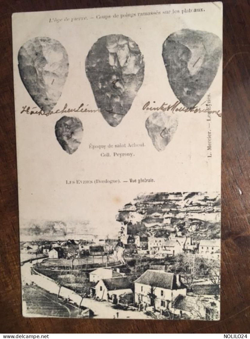 Cpa, 24, Dordogne, Double Vues, LES EYZIES, Vue Générale, L'Âge De Pierre, Coups De Poings époque Saint Acheul - Les Eyzies