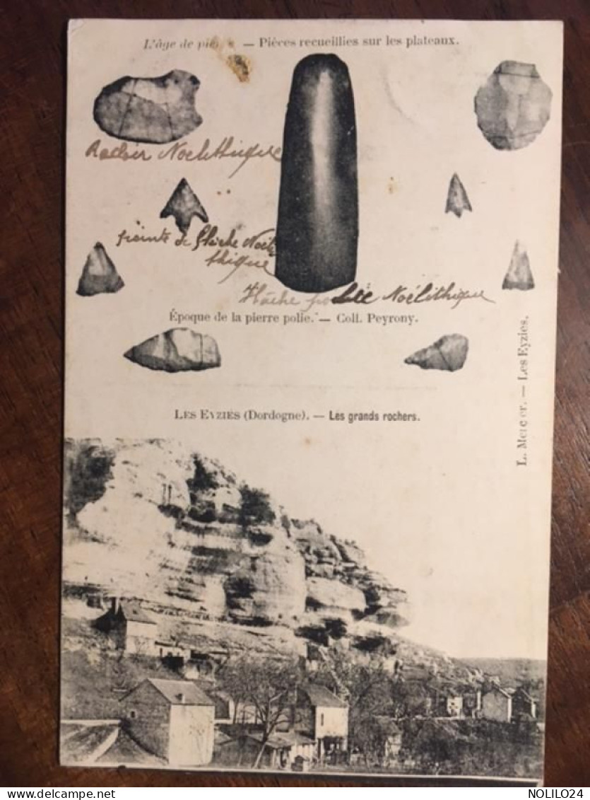 Cpa 24 Double Vues LES EYZIES, Les Grands Rochers, L'Âge De Pierre Polie Pièces Recueillies Sur Les Plateaux - Les Eyzies