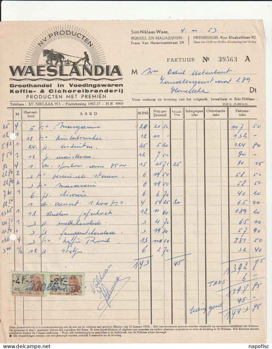 104-Waeslandia..Groothandel In Voedingswaren, Koffie & Cichoreibranderij...Sint-Niklaas-Waas..Belgique-Belgie.....1951 - Alimentaire